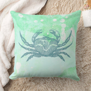 Coastal Crab Blue Watercolor Cushion
