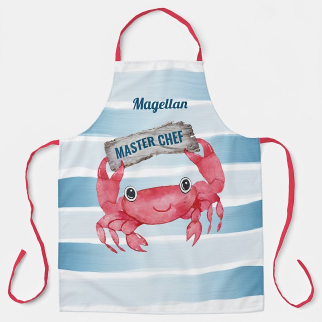 Coastal Crab | Blue & White Stripes Beach House Apron (Front)