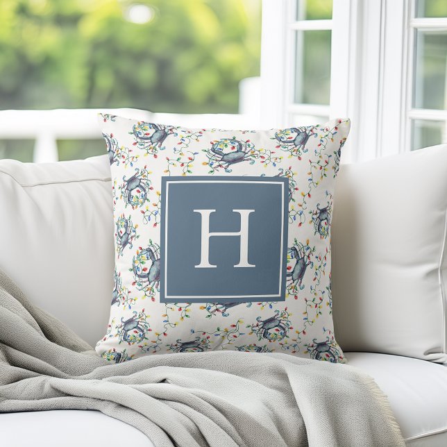 Coastal Crab Christmas Lights Monogram Cushion (Creator Uploaded)