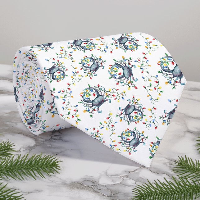 Coastal Crab Christmas Lights Monogram Tie (Creator Uploaded)
