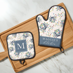 Coastal Crab Christmas Lights Personalized Oven Mitt & Pot Holder Set