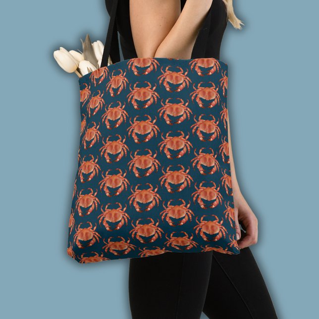 Coastal Crab pattern Tote Bag (Brown crab coastal crustacean tote bag on  blue)