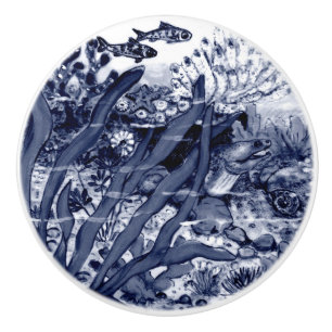 Coastal Dark Blue Sea Life Eel Shells Coral Ocean Ceramic Knob