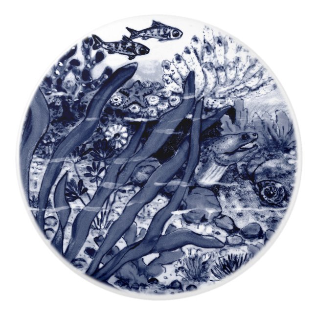Coastal Dark Blue Sea Life Eel Shells Coral Ocean Ceramic Knob (Front)