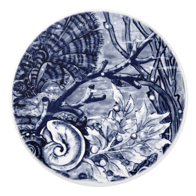 Coastal Dark Blue Sea Life Shells Coral Ocean Ceramic Knob (Front)
