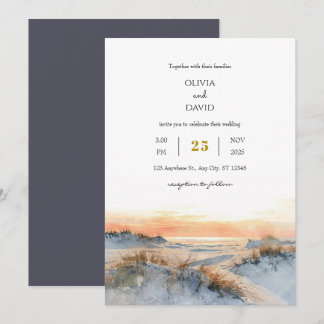 Coastal Dunes Golden Sunset Evening Beach Wedding  Invitation