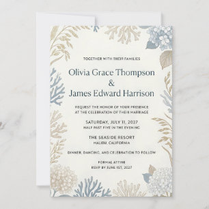 Coastal Elegance Botanical and Coral Wedding Invitation