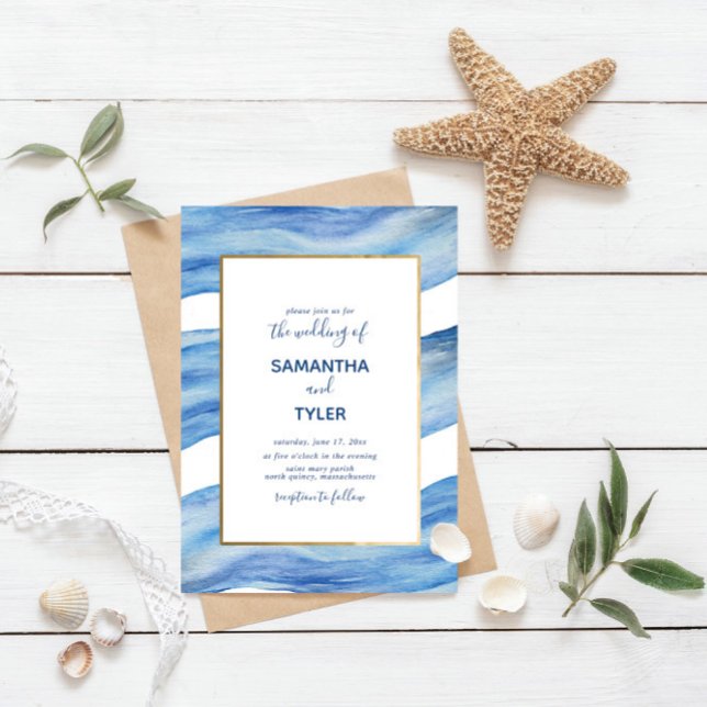 Coastal Elegance Watercolor Wave in Classic Blue Invitation (Creator Uploaded)