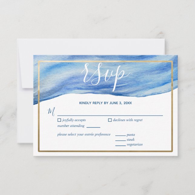Coastal Elegance Watercolor Wave in Classic Blue RSVP Card (Front)