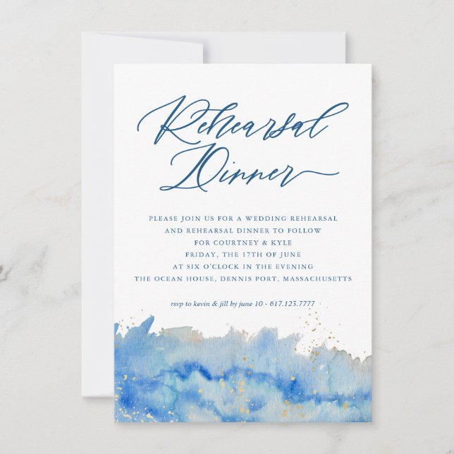 Coastal Elegance Watercolor Wedding Rehearsal Card (Front)