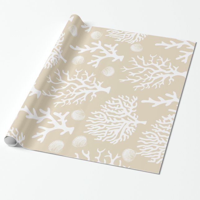 Coastal Elegance White Sea Corals Shells & Taupe Wrapping Paper (Unrolled)