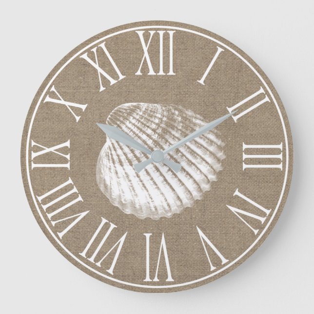 Coastal Elegant Faux Burlap & White Seashell Large Clock (Front)