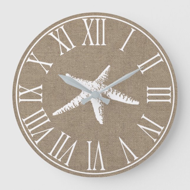 Coastal Elegant Faux Burlap & White Starfish Large Clock (Front)