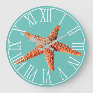 Coastal Elegant Sea Green & Orange Starfish Large Clock