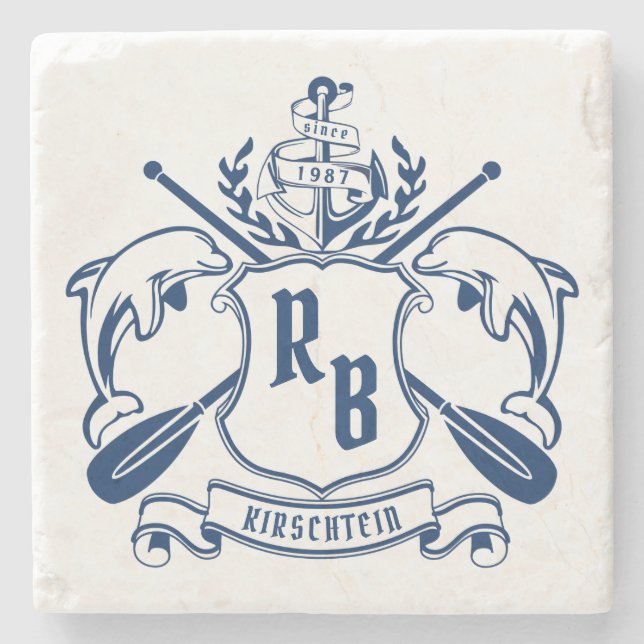Coastal Emblem Dolphins Anchor Oar Shield Nautical Stone Coaster (Front)