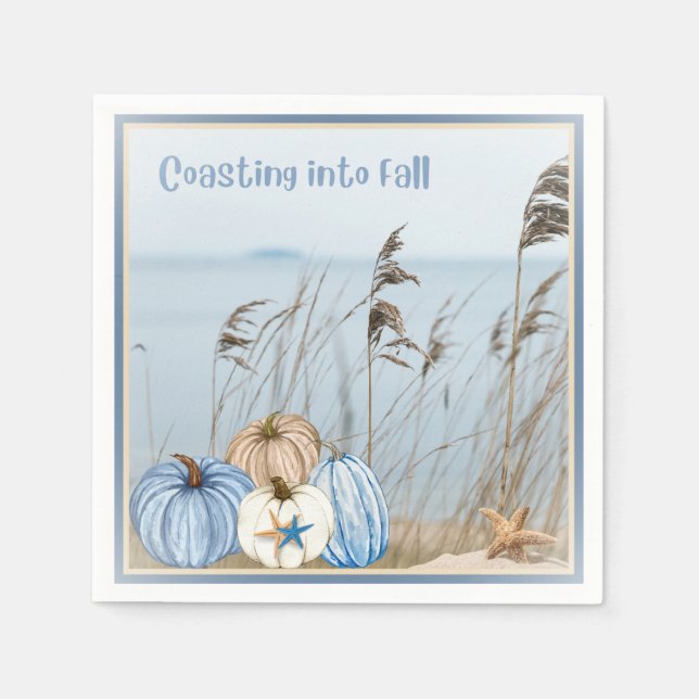 Coastal Fall Blue and White Pumpkins and Starfish  Napkin (Front)