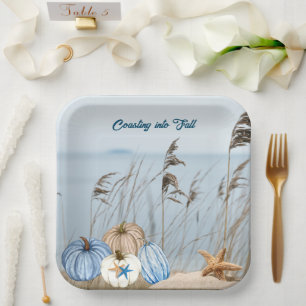 Coastal Fall Blue and White Pumpkins and Starfish  Paper Plate