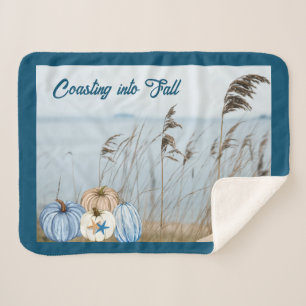 Coastal Fall Blue and White Pumpkins and Starfish  Sherpa Blanket