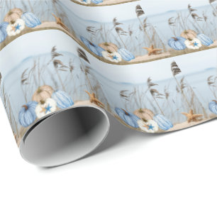 Coastal Fall Blue and White Pumpkins and Starfish  Wrapping Paper