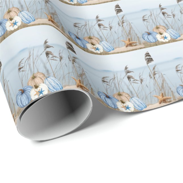 Coastal Fall Blue and White Pumpkins and Starfish  Wrapping Paper (Roll Corner)