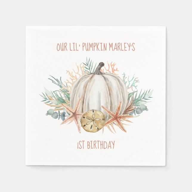 Coastal Fall Lil Pumpkin Seashells Kids Birthday Napkin (Front)