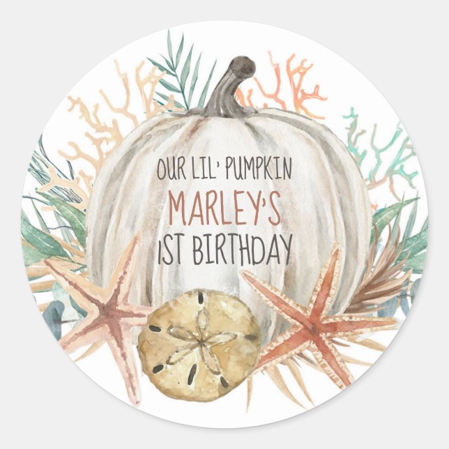 Coastal Fall Little Pumpkin Birthday  Classic Round Sticker (Front)