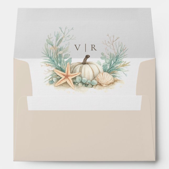 Coastal Fall Pumpkin Seashell Wedding Envelope (Back (Bottom))