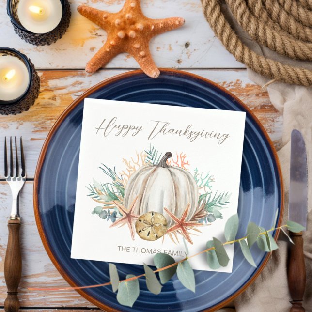 Coastal Fall Pumpkin Seashells Thanksgiving Napkin (Creator Uploaded)