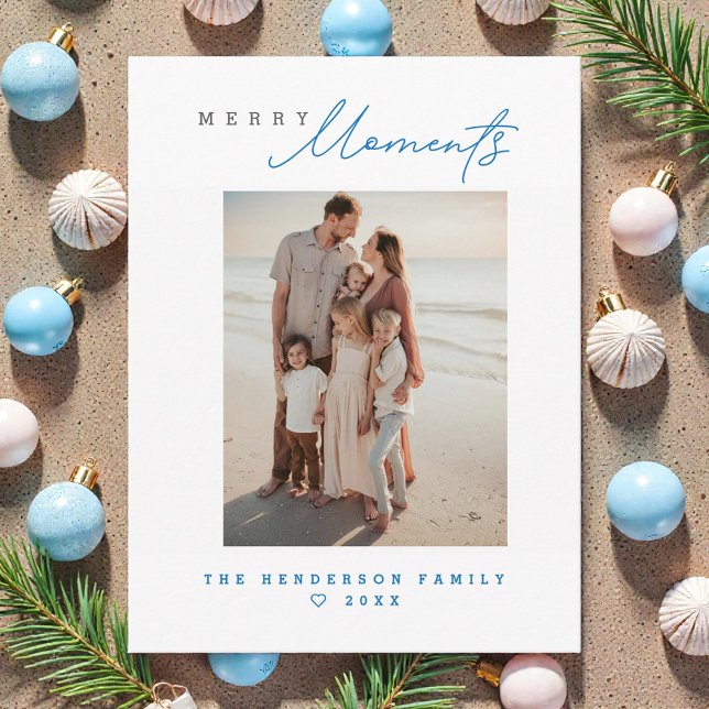 Coastal Family Beach vacation Custom Holiday Photo (Modern, simple, coastal beach Merry Moments photo family holiday Christmas card.)