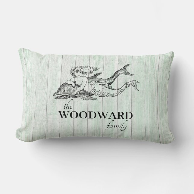 Coastal Family Name Aqua Wood Mermaid Dolphin Lumbar Cushion (Front)