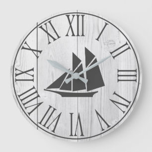 Coastal Faux White Wood & Sailboat Silhouette Large Clock
