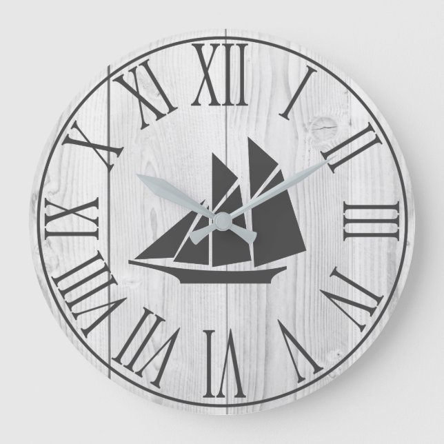 Coastal Faux White Wood & Sailboat Silhouette Large Clock (Front)