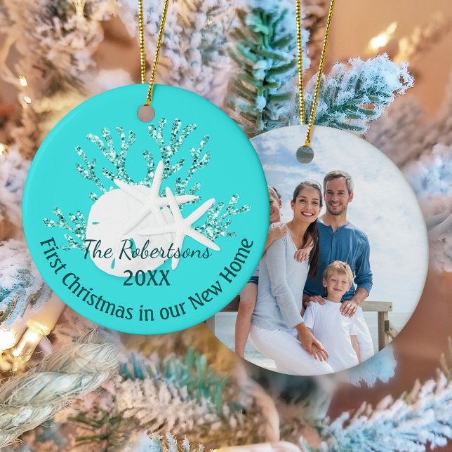 Coastal First Christmas New Home Aqua Blue Photo Ceramic Tree Decoration (Creator Uploaded)