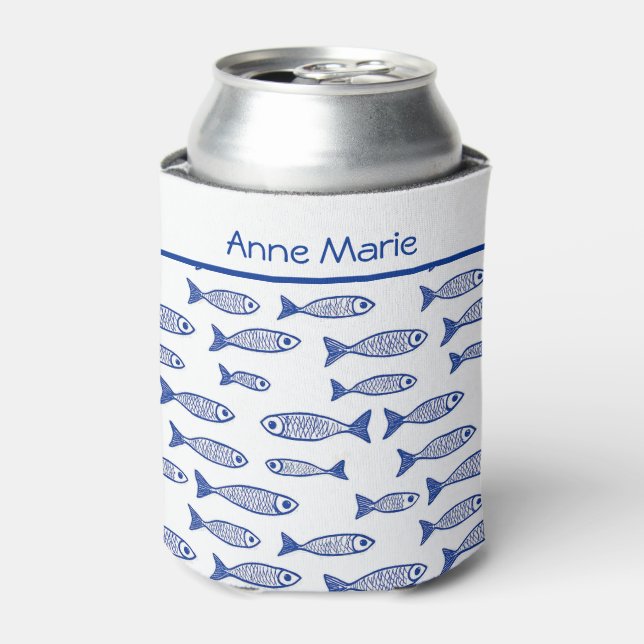 Coastal Fish Blue and White Bride Bachelorette Can Cooler (Can Front)