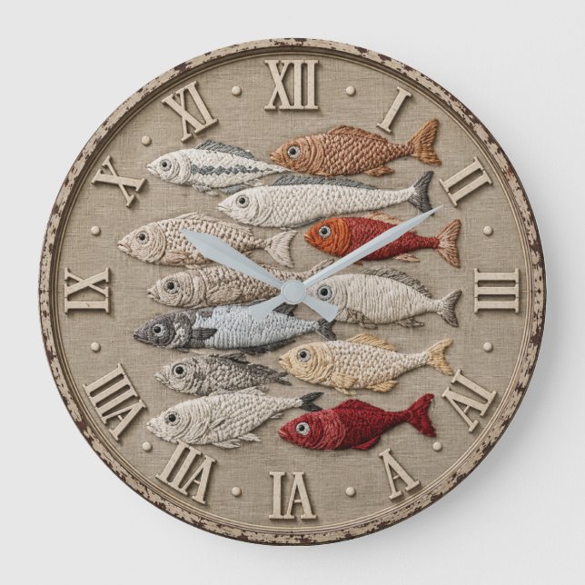 Coastal Fish  Nautical Beach House Rustic Fishing  Large Clock (Front)
