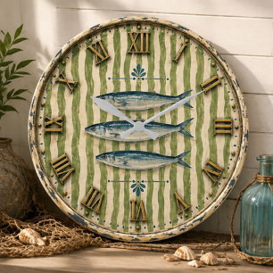 Coastal Fish Nautical Seafood  Fishing Cabin Beach Large Clock