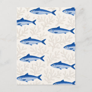 Coastal Fish Pattern Blue Sardine Illustration Postcard