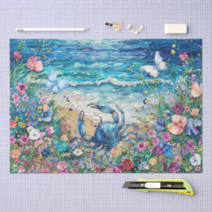 Coastal Floral Blue Crab & Butterflies Decoupage  Tissue Paper