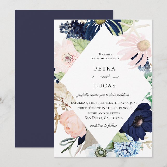 Coastal Floral Frame Wedding Invitation (Front/Back)
