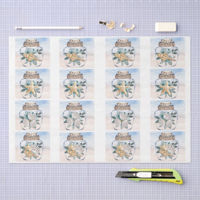 Coastal Floral Seashells in a Jar Decoupage  Tissue Paper (Craft)