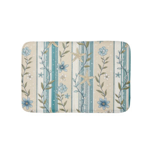 Coastal Floral Stripe Aqua Beige Elegance Design Bath Mat