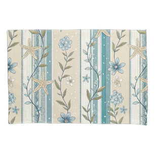 Coastal Floral Stripe Aqua Beige Elegance Design Pillowcase