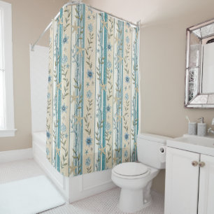 Coastal Floral Stripe Aqua Beige Elegance Design Shower Curtain