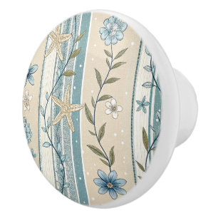 Coastal Floral Stripe Aqua Beige Starfish Elegance Ceramic Knob