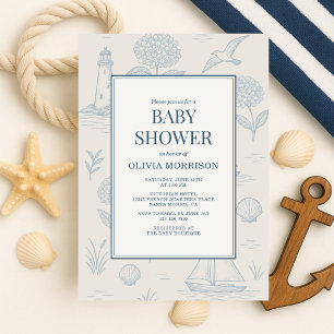 Coastal French Toile Blue Floral Baby Shower Invitation