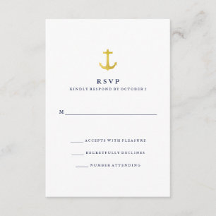 Coastal Glamour   Gold Anchor and Navy Blue RSVP Card