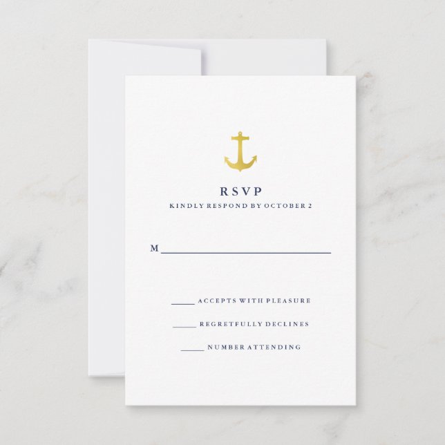 Coastal Glamour | Gold Anchor and Navy Blue RSVP Card (Front)