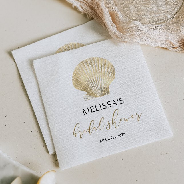 Coastal Gold Seashell Black Bridal Shower Napkins (Creator Uploaded)