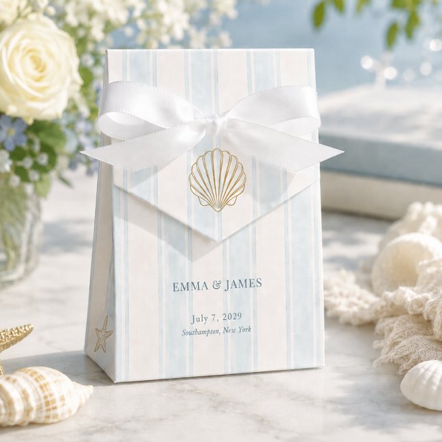 Coastal Gold Seashell Blue White Wedding Favour Box (Coastal Gold Seashell Blue White Wedding Favor Boxes)