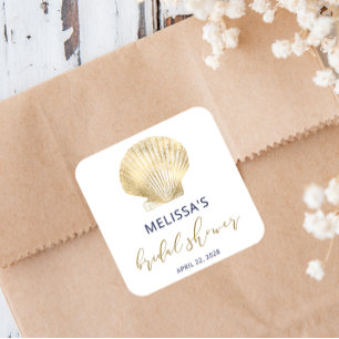 Coastal Gold Seashell Navy Blue Bridal Shower Squa Square Sticker